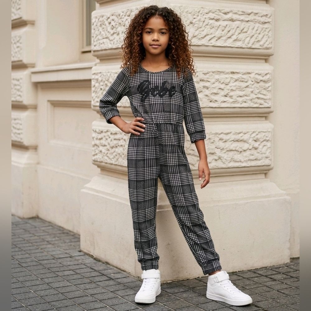 BEBE Girls Houndstooth Jumpsuit Black White Logo Soft Knit Puff Sleeve 10/12